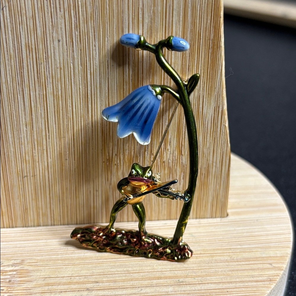 Frog Playing Guitar Enamel Brooch Blue Flower Critter